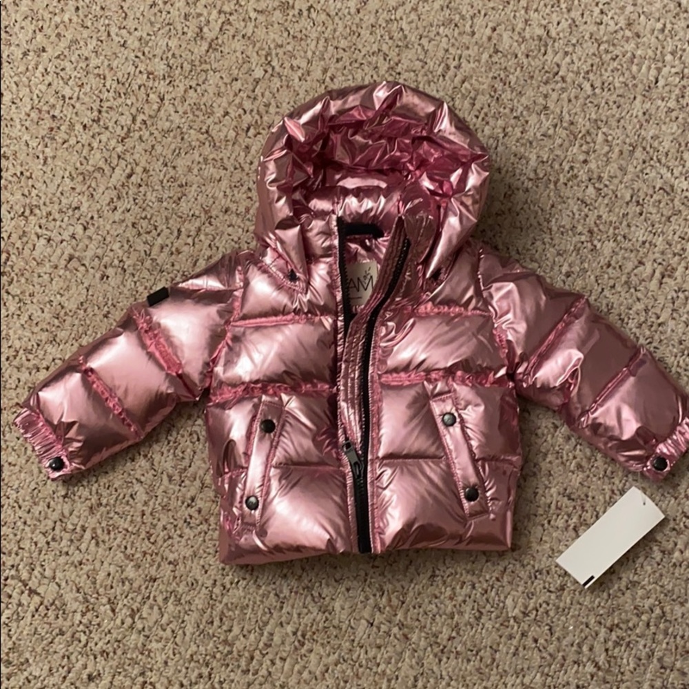 NWT sam. Baby Girls metallic pink puffer jacket